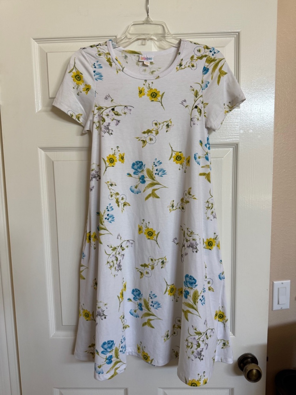 LULAROE White Floral A Line Dress with Blue and Yellow Flowers XXS NWOT